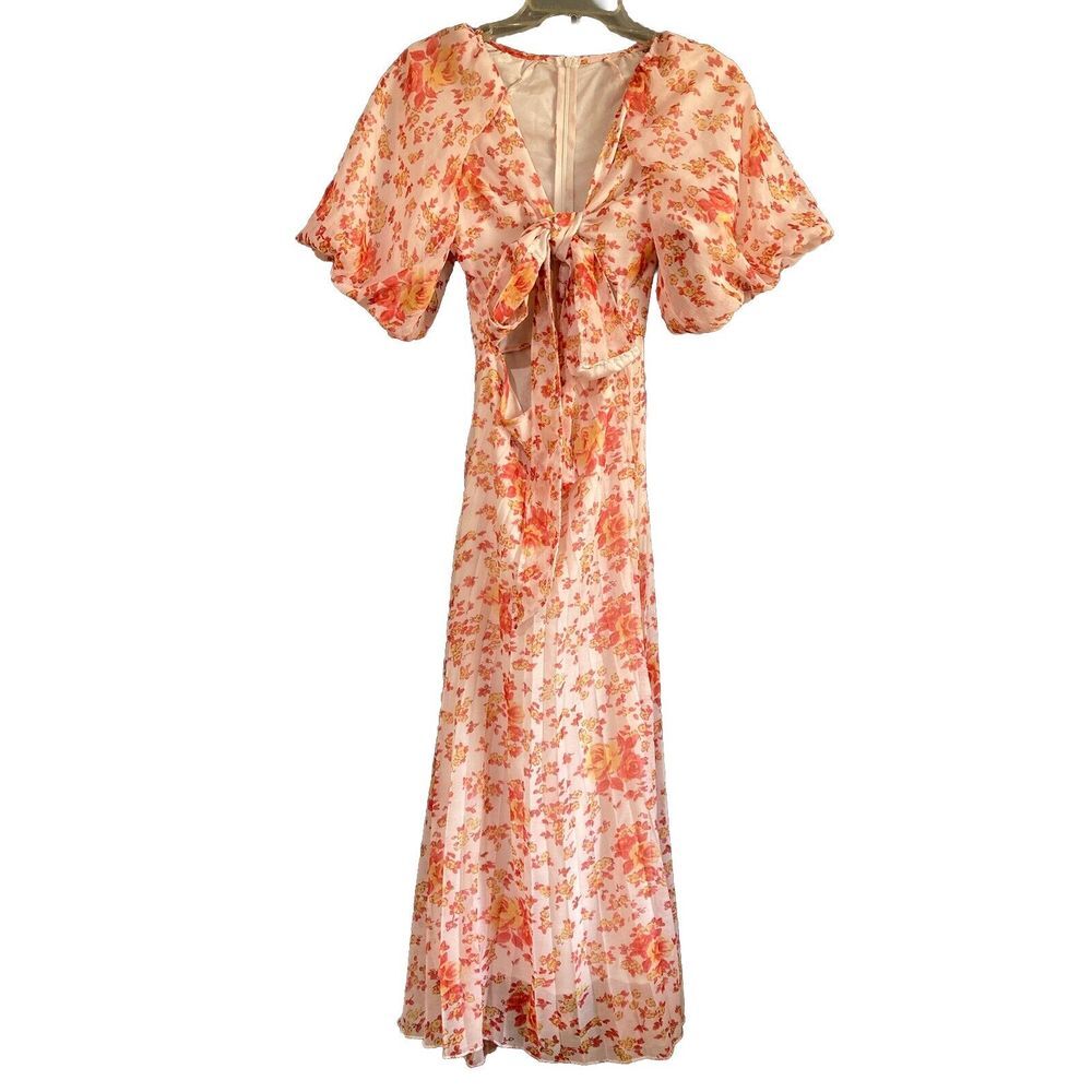 SHEIN Front Tie Lined Floral Dress Orange/White‎ Size S
